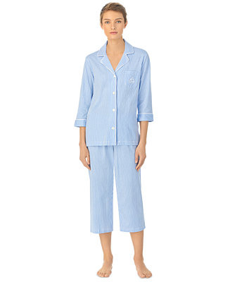 Lauren Ralph Lauren Womens 3/4 Sleeve Cotton Notch Collar Capri Pant Pajama Set - Macy's | Macy's