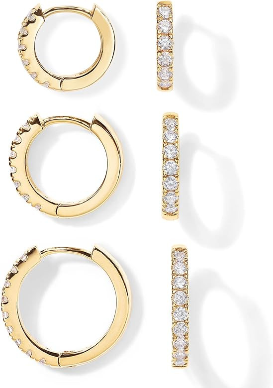 PAVOI 18K Gold Plated 925 Sterling Silver Posts 3 Pairs Hoop Earrings Set for Women | Huggie Earr... | Amazon (US)