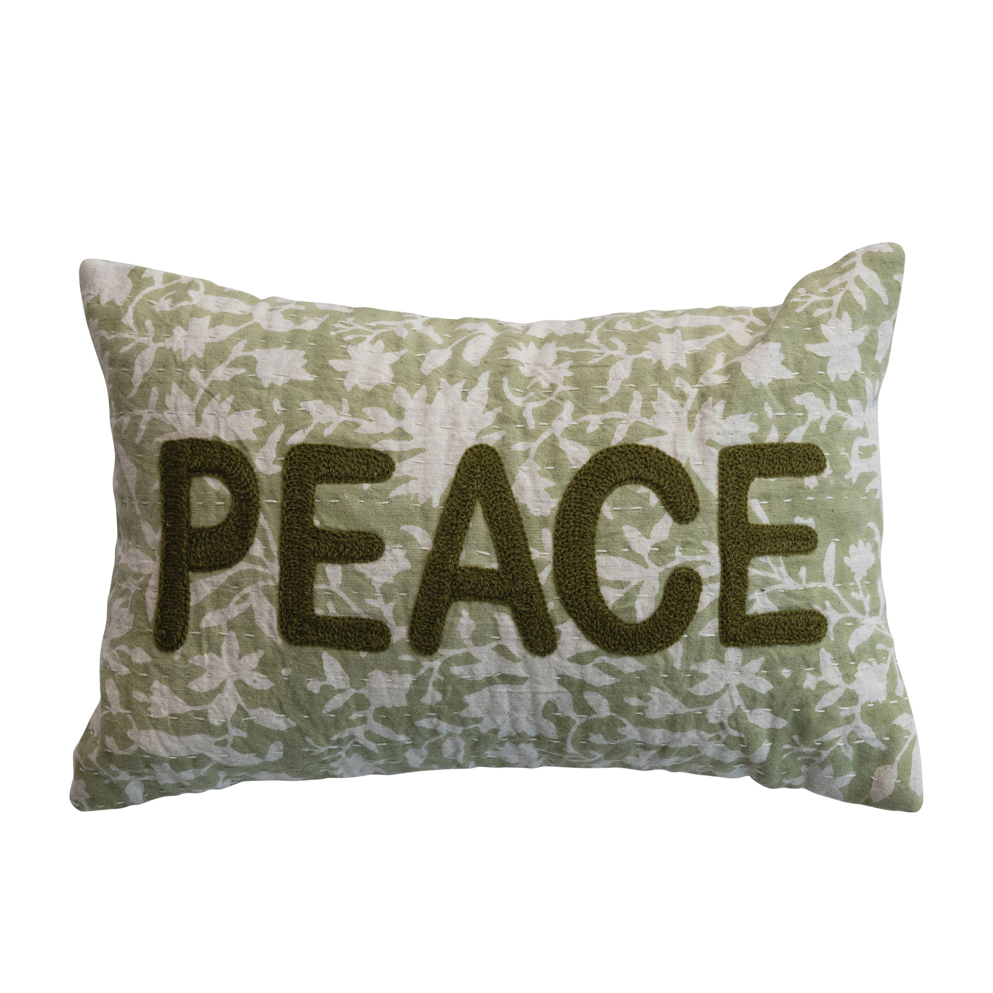 Charming Cotton And Linen Block Printed Lumbar Pillow With Flowers And Kantha Stitch | Wayfair North America
