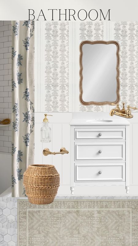 Bathroom mood board inspiration. 

Coastal bathroom. Block print pattern curtains. Floral wallpaper. McGee & Co. Bathroom vanity. Vanity mirror. Brass hardware  

#LTKFind #LTKstyletip #LTKhome