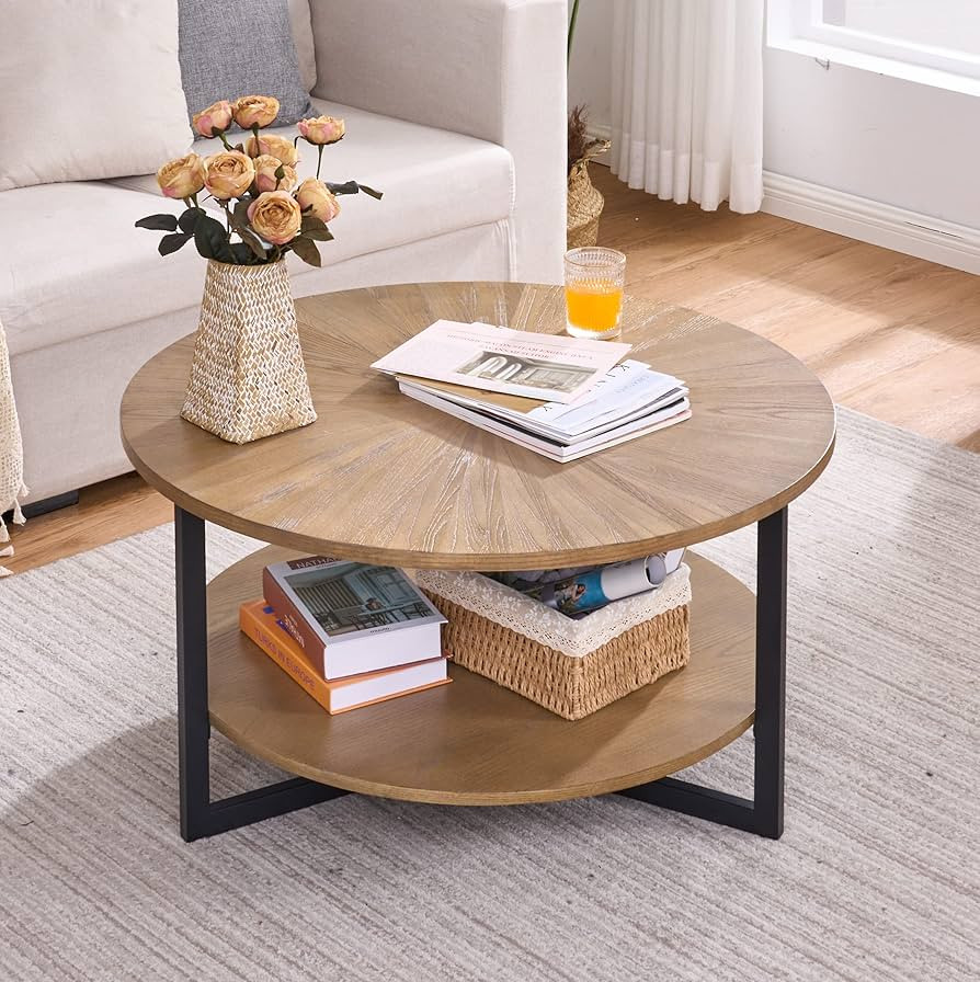 33.5" Round Coffee Table with 2-Tier Storage, Farmhouse Living Room Cocktail Table with Black Met... | Amazon (US)