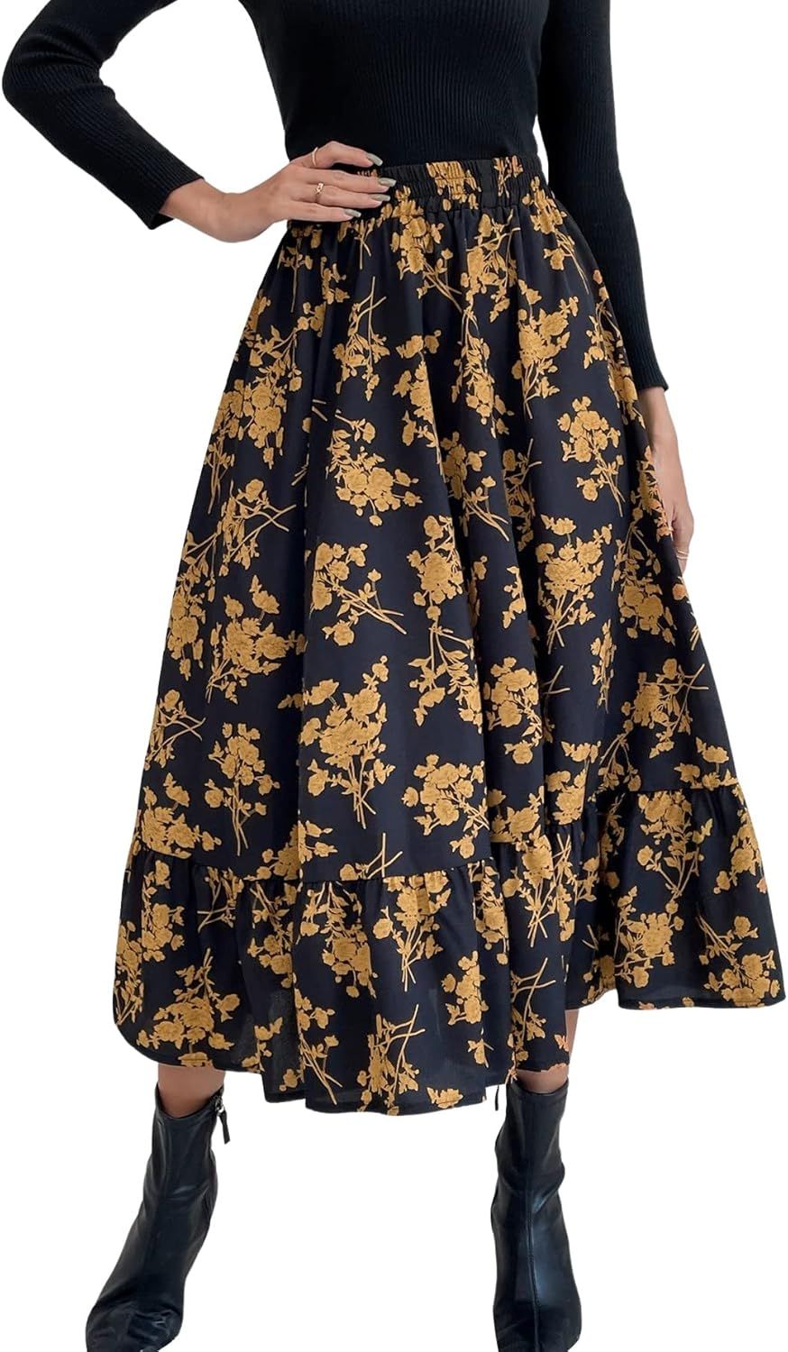 Floerns Women's Casual Print Pleated High Waist Ruffle Hem A Line Midi Skirt | Amazon (US)