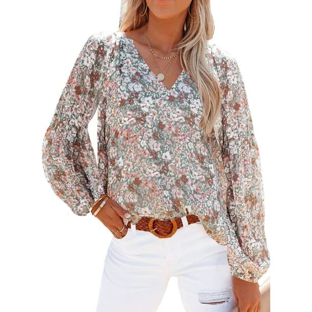 Chase Secret Women Tops Long Sleeve Boho Print V Neck Blouses Shirts Petite - Walmart.com | Walmart (US)