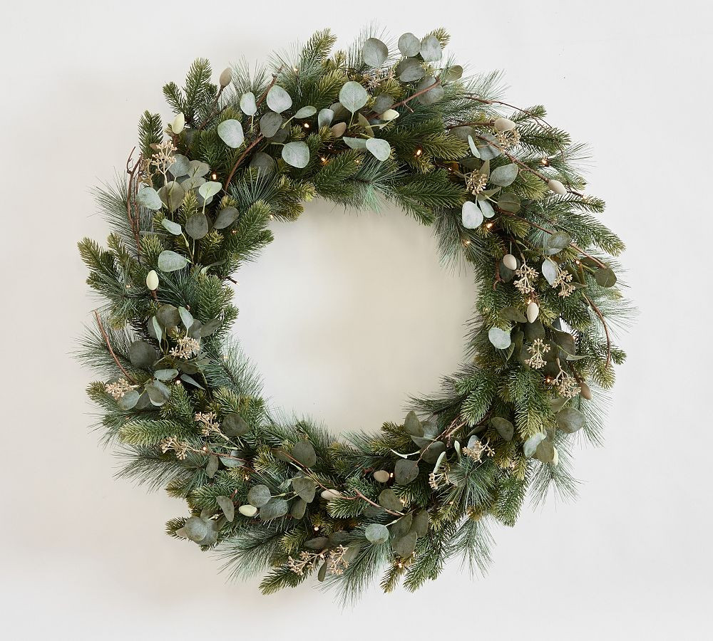 Lit Faux Eucalyptus and Pine Wreath & Garland | Pottery Barn (US)