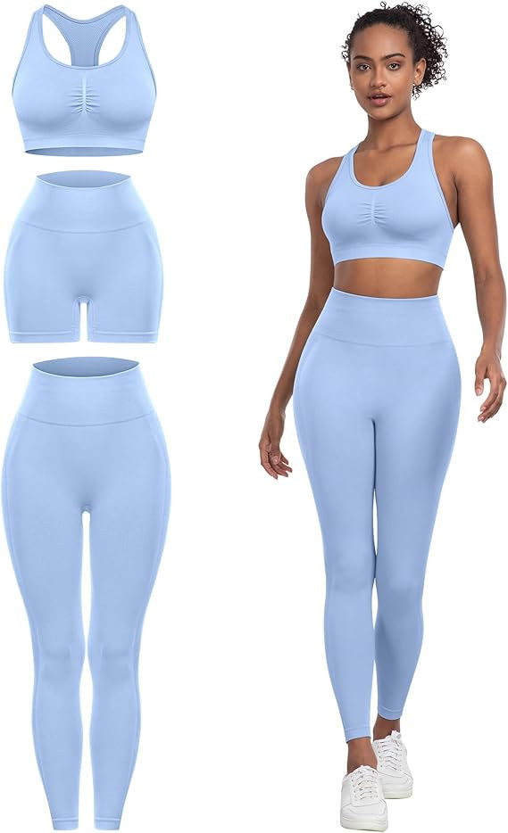 3 Piece Workout Sets for Women Butt Lifting Leggings with High Impact Sports Bra Gym Shorts | Amazon (US)