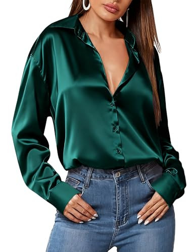 HOTOUCH Dark Green Tops for Women Satin Button Down Shirts Long Sleeve Silk Blouse Plus Size Spring Tunic Top Dark Green XXL | Amazon (US)