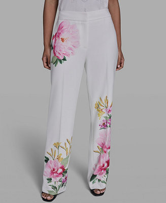 KARL LAGERFELD PARIS Women's Mid-Rise Placed Floral Print Pants, Regular & Petite - Macy's | Macy's