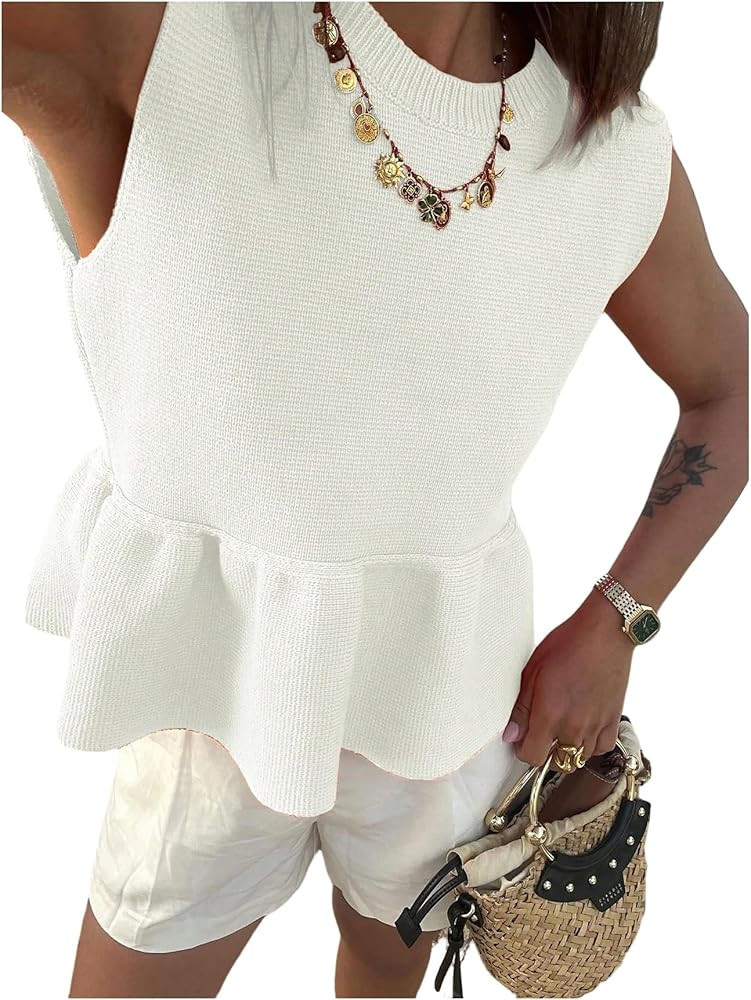 GORGLITTER Women's Ruffle Hem Sweater Vest Sleeveless Crew Neck Knit Pullover Tank Tops | Amazon (US)