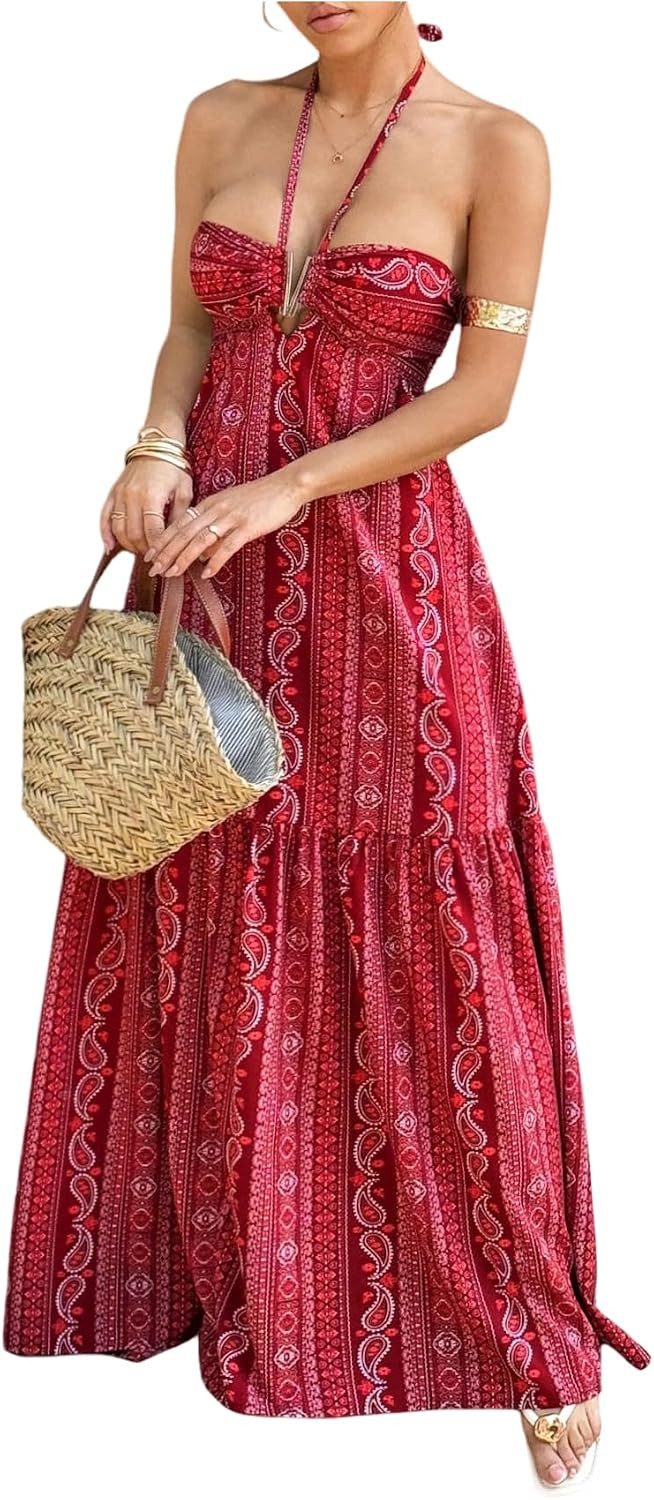 Floerns Women's Summer Paisley Maxi Dress Halter Neck Bow Backless Beach Vacation Dresses | Amazon (US)