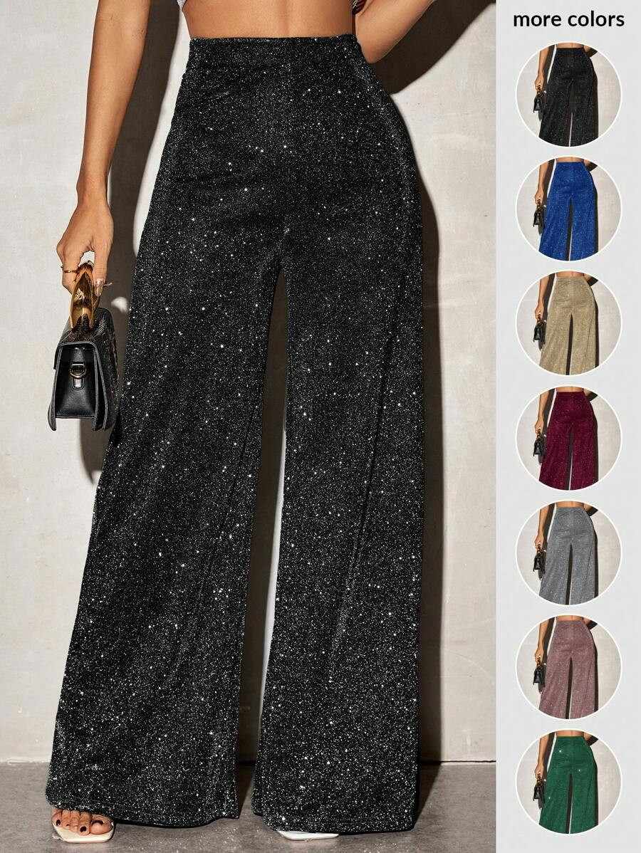 SHEIN SXY Casual Shiny Knit Material High Waist Wide Leg Pants For Women | SHEIN
