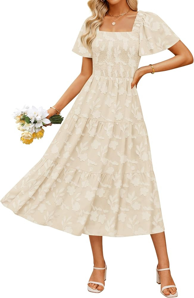 ZESICA Women's Summer Boho Floral Midi Dresses 2025 Casual Short Sleeve Square Neck Flowy Beach V... | Amazon (US)
