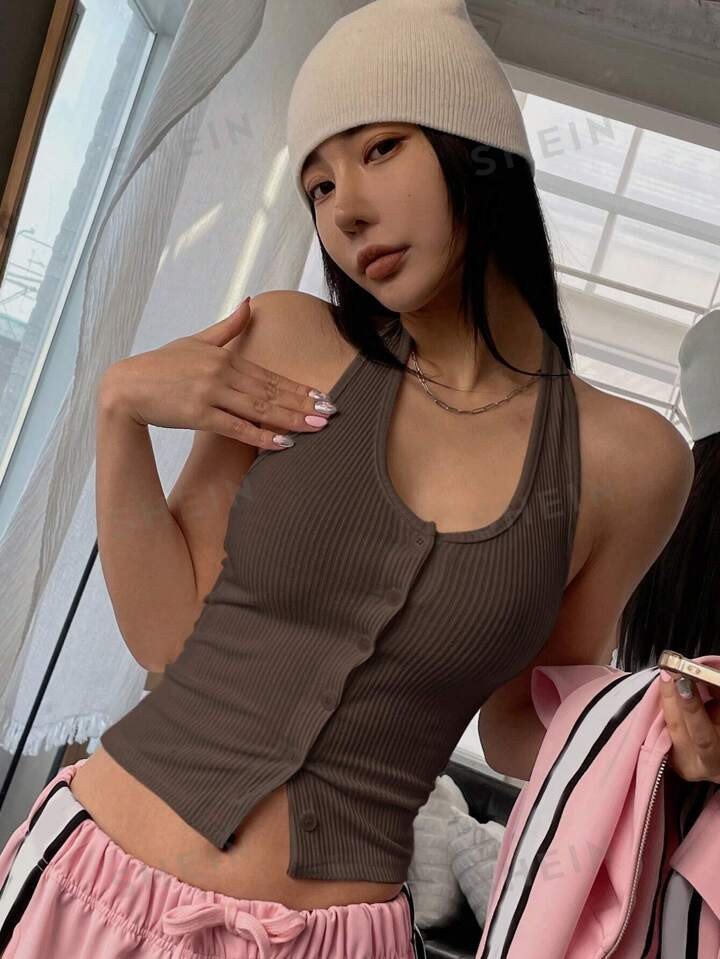 DAZY Button Front Backless Halter Top | SHEIN