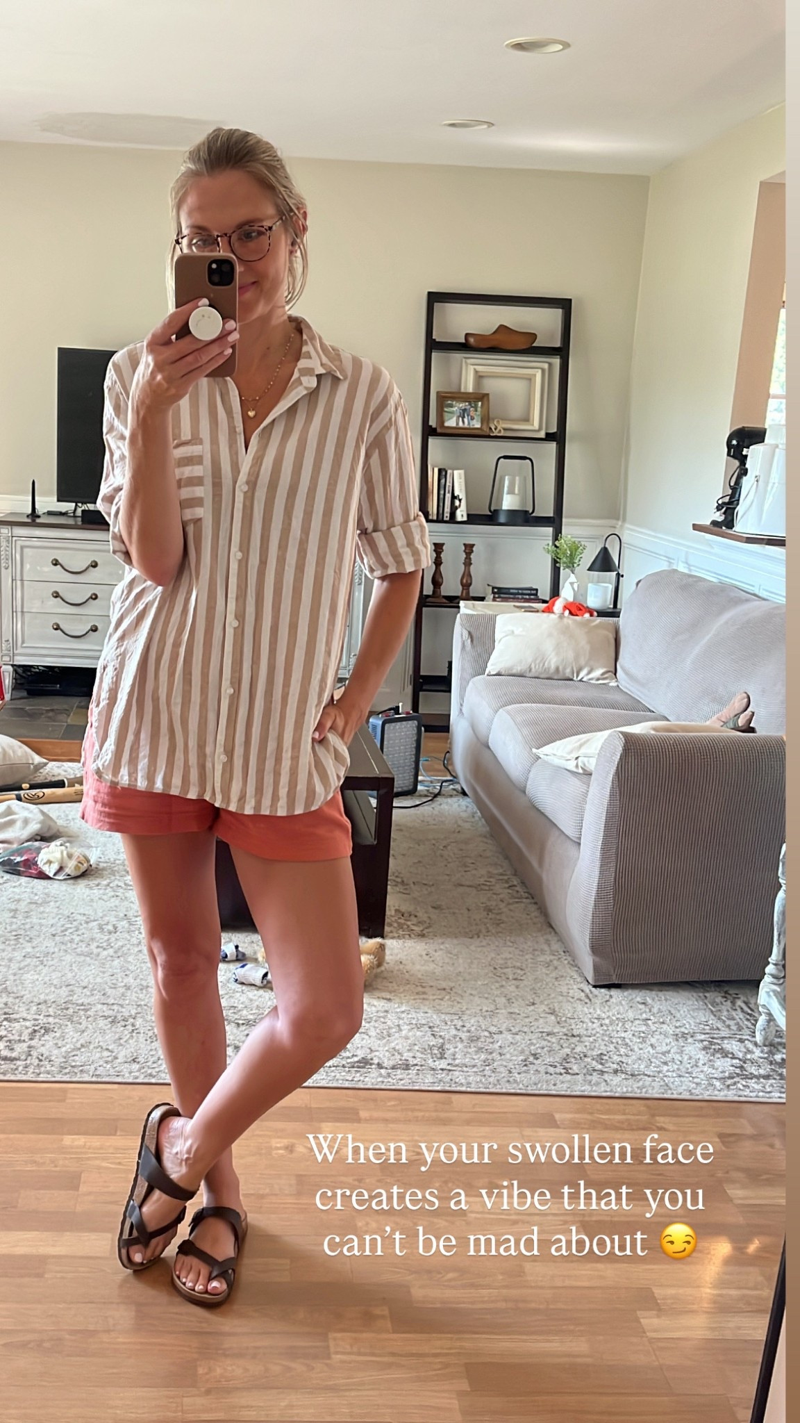 Loving the vibe of my outfit for work today. These colors are not available anymore since I bought them over a year ago but Old Navy has continued to sell these pieces in new colors! I did a medium tall for an extra oversized fit on top and sized down to a small in the shorts. Sized up a half size in the sandals  

#LTKFindsUnder50 #LTKStyleTip #LTKOver40