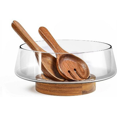 BRINJOY Extra Large Glass Salad Bowl Set - Party Salad Bowls with Acacia Wood Base and Serving Utensils - Elegant and Practical Kitchen Must-Have | Target
