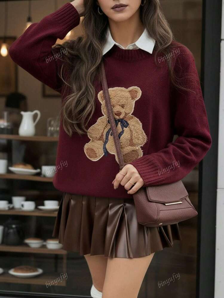 Women's Casual Cartoon Bear Ribbed Crew Neck Knit Long Sleeve Sweater, Suitable For Autumn/Winter | SHEIN