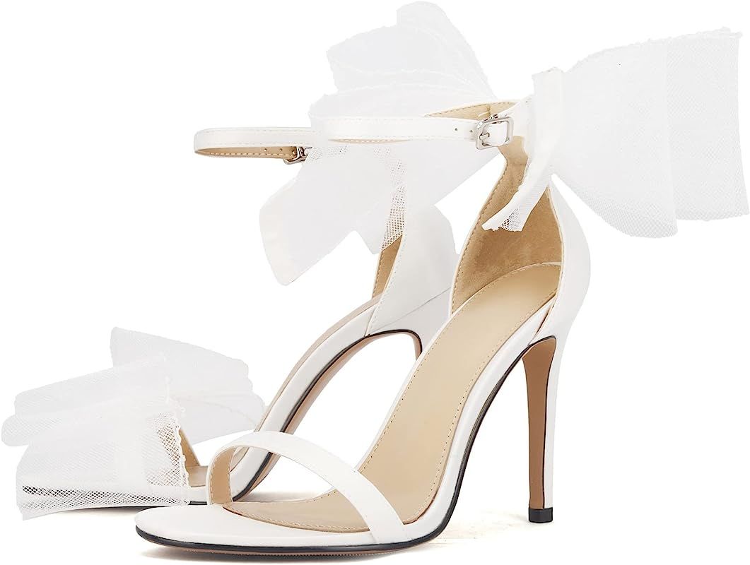 keleimusi Womens Wedding Sandals with Asymmetric Mesh Bows Dress Ankle Strap Stiletto Heels | Amazon (US)