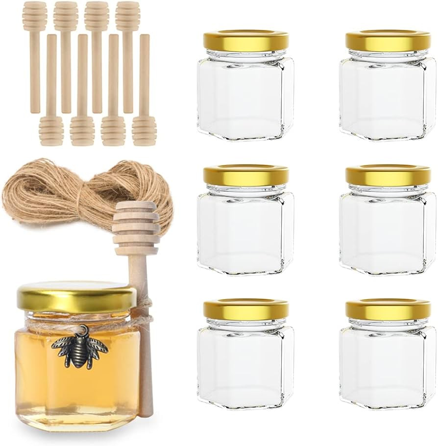 1.5oz 6Pack Mini Glass Hexagon Jars Gold Lids, Bronze Bee Charms Honeybee Pendant, Honey Dipper S... | Amazon (US)