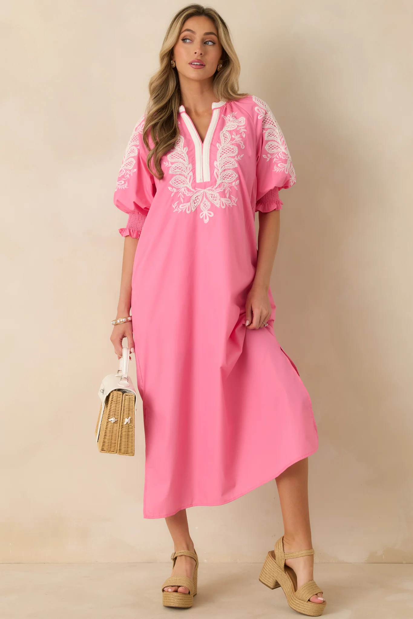 When It Feels Right Pink Embroidered V-Neck Maxi Dress | Red Dress