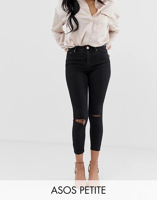 ASOS DESIGN Petite Ridley high waisted skinny jeans in clean black with ripped knees | ASOS US