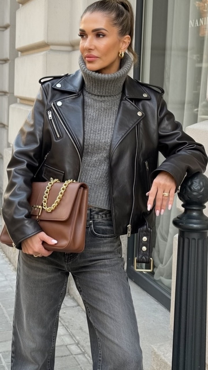 Elevated Edge 🖤
There’s something about an all-gray moment with a leather jacket that just hits different. This is that effortlessly cool winter uniform you’ll reach for on repeat.
The Look:
🖤 Black leather moto jacket (instant edge)
🖤 Gray chunky turtleneck (cozy perfection)
🖤 Charcoal gray jeans (sleek & flattering)
🖤 Brown leather bag with gold chain (the unexpected pop)
🖤 Gold hoops (always)

LTK #LTKStyleTip #LTKFindsUnder100 #LTKFindsUnder50 #LTKSeasonal #LTKItBag #LTKSaleAlert #ShopLTK