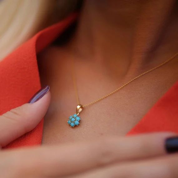 Hexagon Flower Turquoise Necklace  14k Gold Honeycomb Blue - Etsy | Etsy (US)