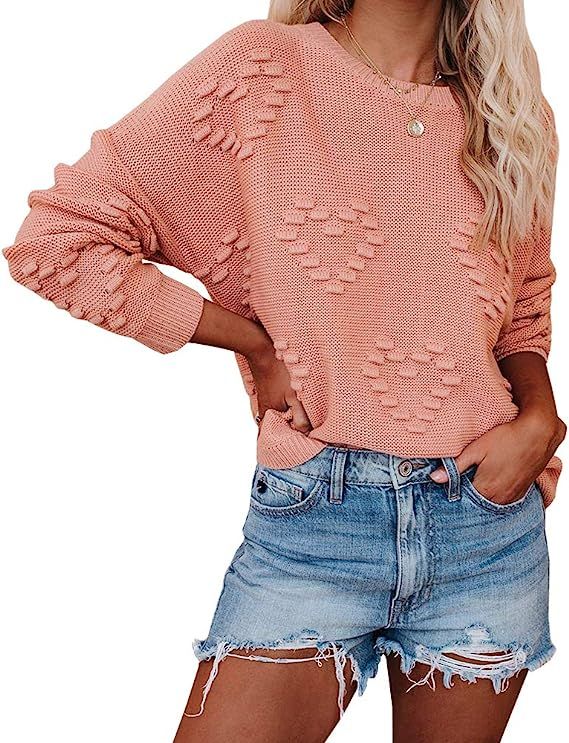 Tutorutor Womens Cute Heart Love Print Sweater Tops Oversized Crew Neck Dot Ball Loose Fit Knitte... | Amazon (US)