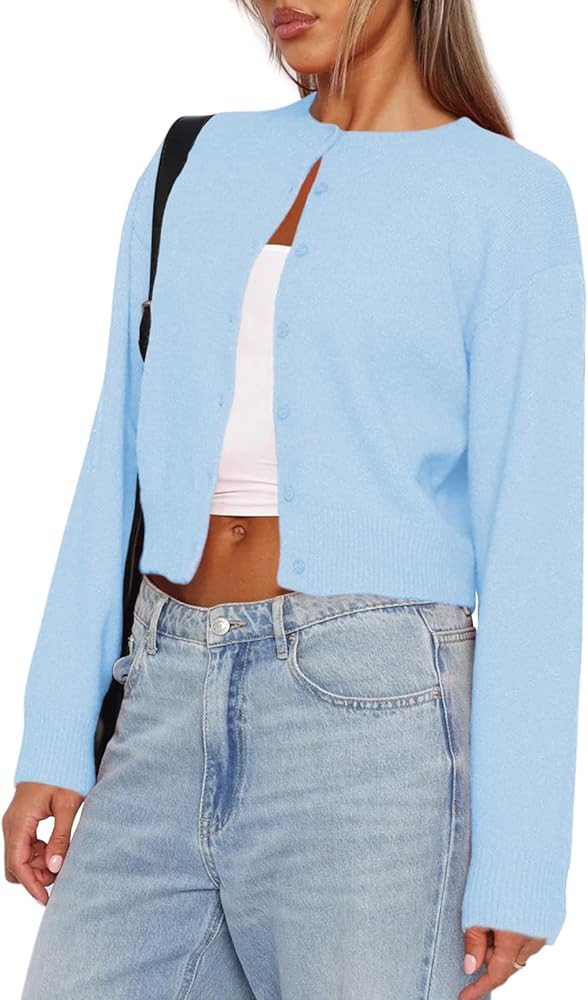 Balimtoy Women's Cropped Cardigan Sweaters Long Sleeve Button Down Sweaters Knit Cardigan Cute Y2... | Amazon (US)