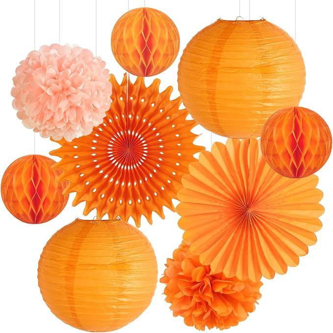 EASY JOY Orange Paper Fans Party Decorations Tissue Paper Pom Poms Paper Fans Paper Lanterns Pape... | Amazon (UK)