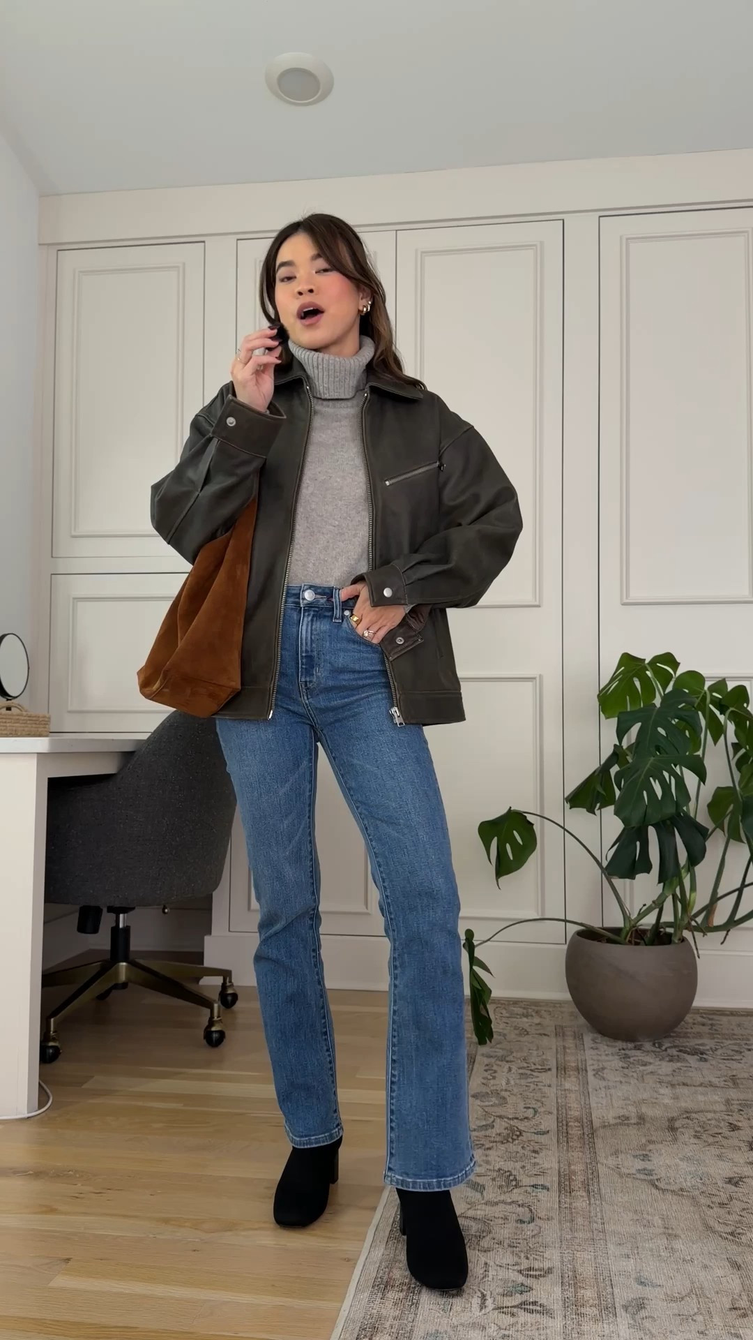 Sizing Info: Sweater: XS in Warm Heather Grey, Jeans: Size 24 in 28in inseam in Seaside Blue, Jacket: XS in Distressed Brown! petite fashion, get dressed with me, outfit inspiration, ootd, nashville outfit, Nashville influencer, petite style, vacation style, casual outfits, mom style, petite pants, winter dress, winter outfit, winter pants, winter outfit inpso, winter outfit idea, winter top, fall top, fall style, winter style, winter sweater, autumn sweater, cozy sweater, cold weather sweater, cold weather outfit, winter bag, winter purse, denim, jeans, fall denim, fall jeans, fall jacket, jacket, winter jacket, winter coat, Quince, leather jacket,
 

 

#LTKGiftGuide #LTKHoliday 

#LTKSeasonal