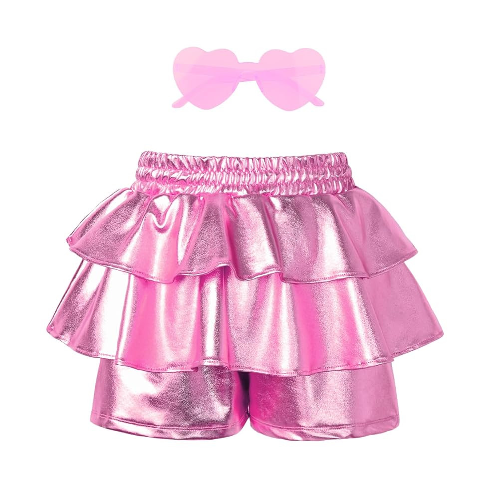 Girls Pleated Metallic Shorts Shiny Sparkle Ruffle Scooter Skater Dance Elastic Waist Rave Pants ... | Amazon (US)