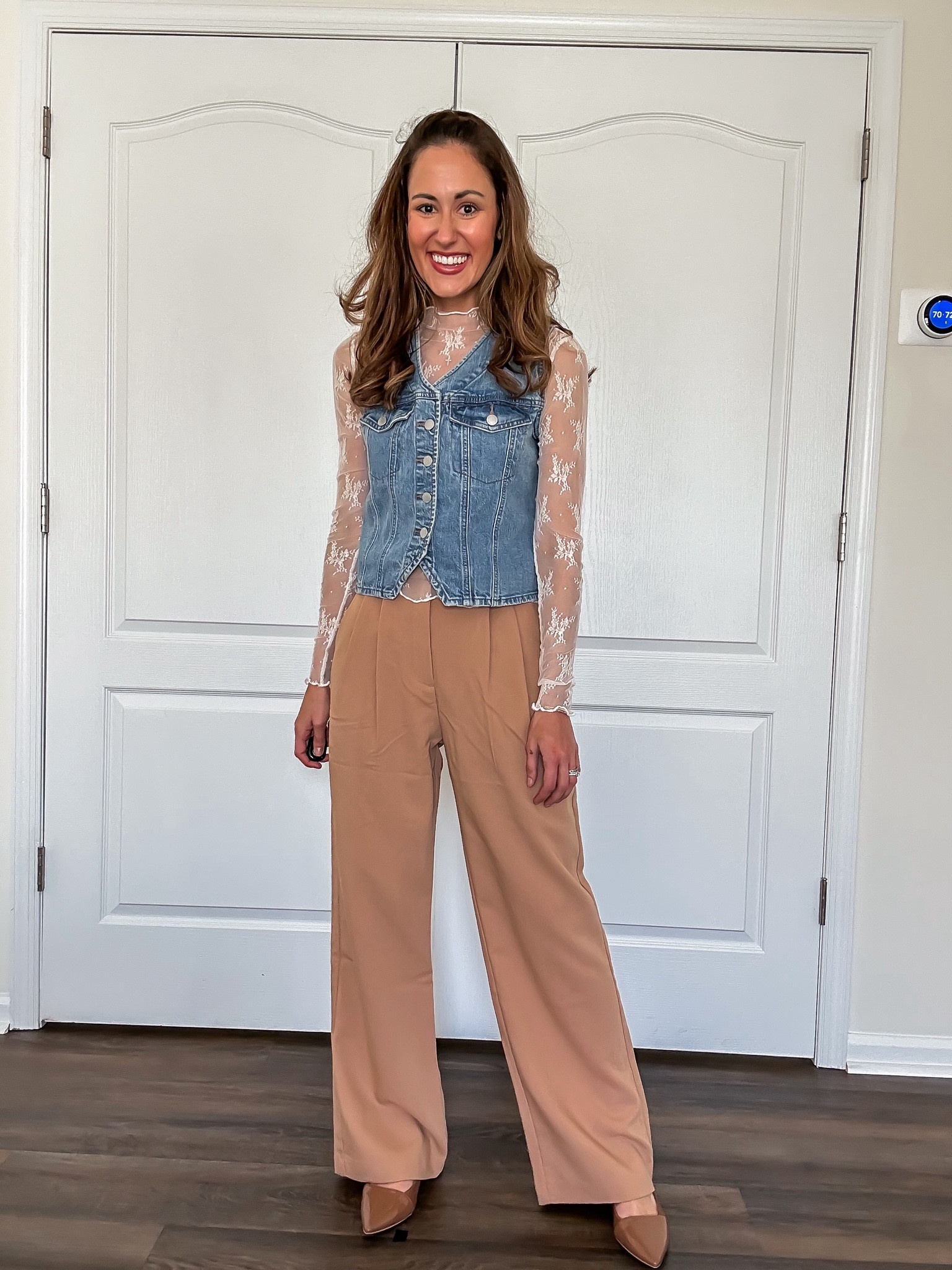 Western inspired outfit with white lace top from Amazon 

Denim vest // sheer lace top // Abercrombie trousers 

#LTKstyletip #LTKfindsunder100