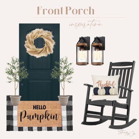 This porch inspiration includes a neutral and black palette, with touches of Fall, including a “hello pumpkin” door mat layered on a large checkered mat, faux olive trees in pots, lantern lights, a rocking chair, a Fall outdoor pillow, and a pampas grass wreath. 

Fall home decor, porch decorations, fall porch

#LTKhome #LTKSeasonal #LTKfindsunder50