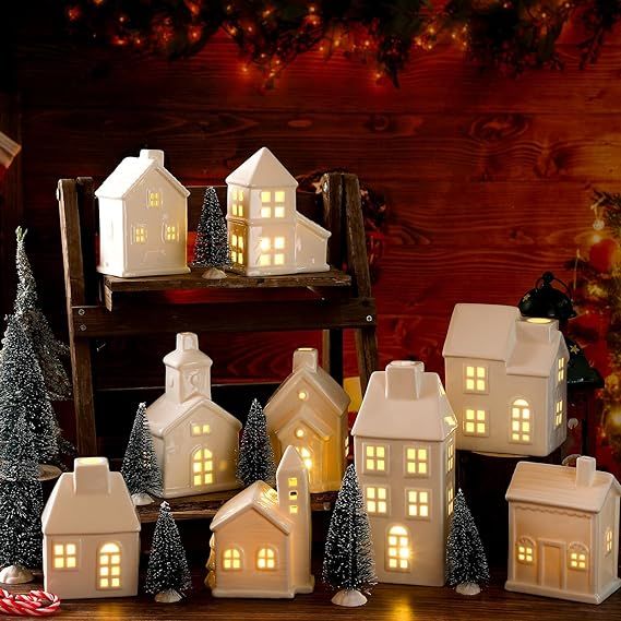 Hiboom 31 Pcs Christmas Village Set Include 9 White Christmas Village Houses 13 Christmas Trees 9... | Amazon (US)