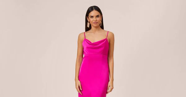 Stretch Satin Cowl Neck Long Column Gown With Slit In Pink Flame | Adrianna Papell