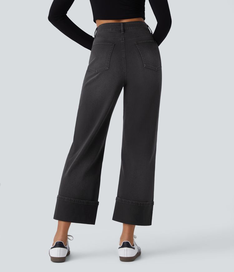 Halara Flex™ High Waisted Pockets Rolled Hem Wide Leg Washed Casual Jeans | Halara UK