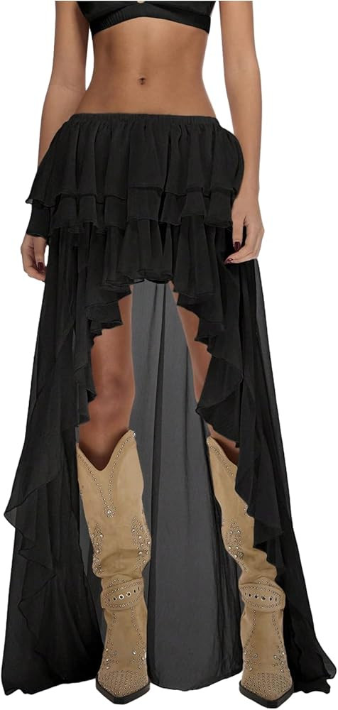 OYOANGLE Women's Boho Layered Ruffle Chiffon Maxi Skirt Y2K Elastic Cowgirl Western Asymmetrical ... | Amazon (US)