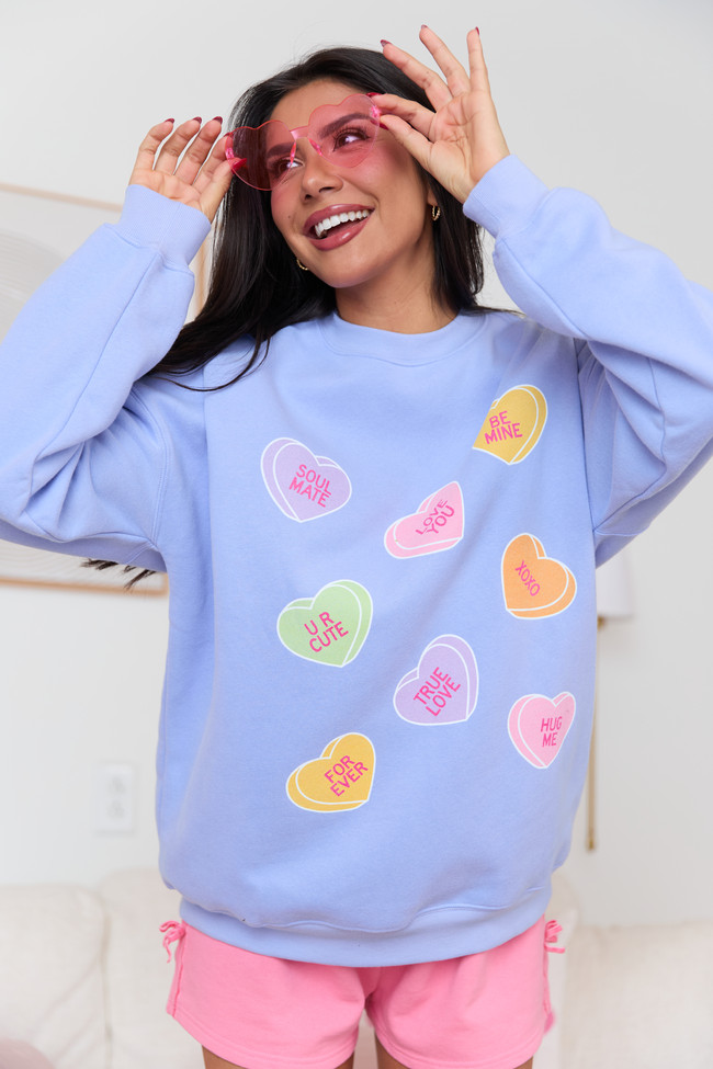 Candy Hearts Periwinkle Graphic Sweatshirt | Pink Lily