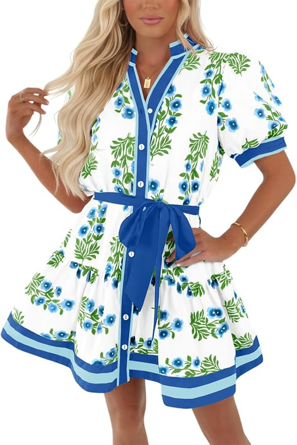 Wenrine Womens Summer Floral Mini Dress Puff Short Sleeve V Neck Button Down Casual Loose Boho Be... | Amazon (US)