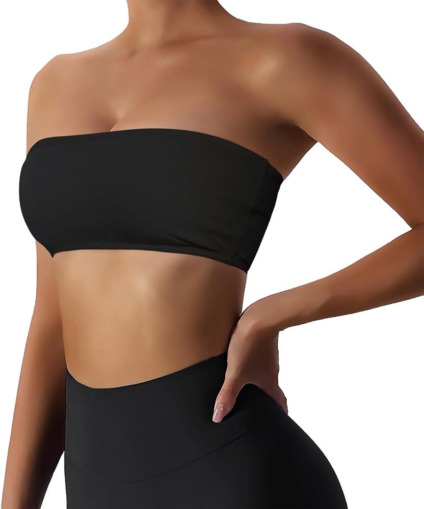 Women’s Padded Bandeau Sports Tube Top Bra Strapless Wireless Solid Seamless Yoga Workout Brale... | Amazon (US)