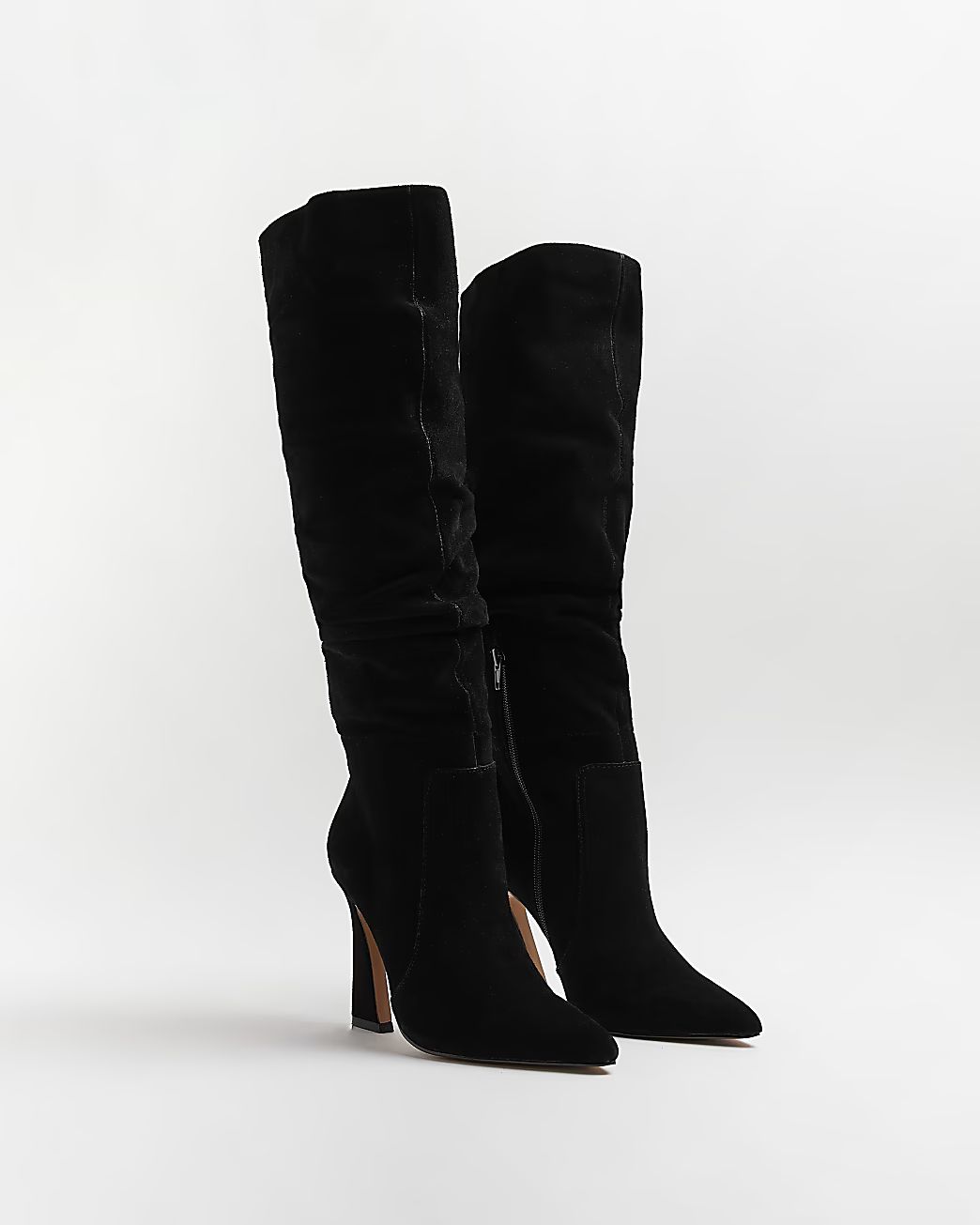 Black suede knee high heeled boots | River Island (UK & IE)