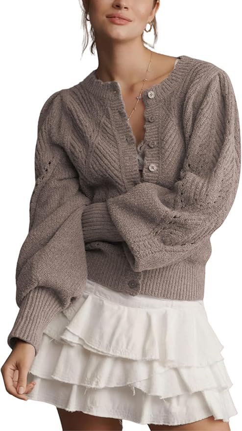 Women Pointelle Knit Lightweight Cardigan Puff Sleeve Scalloped Trim Button Down Open Front Cropp... | Amazon (US)