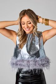 BuddyLove | Queenie Metallic Feather Trim Top | Silver | BuddyLove