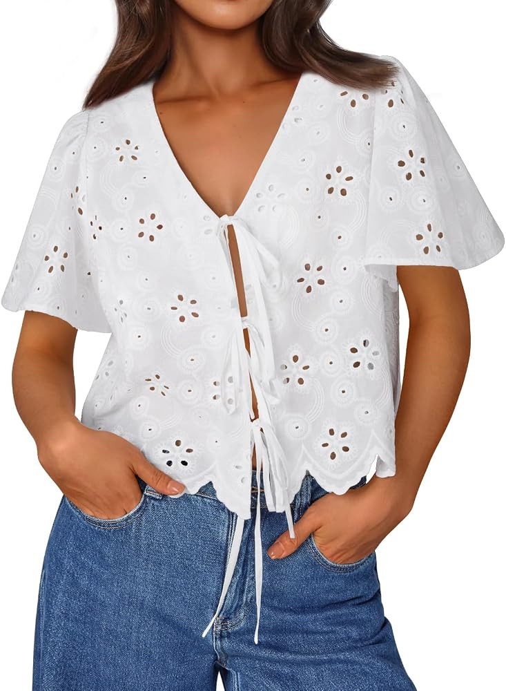 Trendy Queen Womens Summer Tops Cotton Tie Front Blouses | Amazon (US)