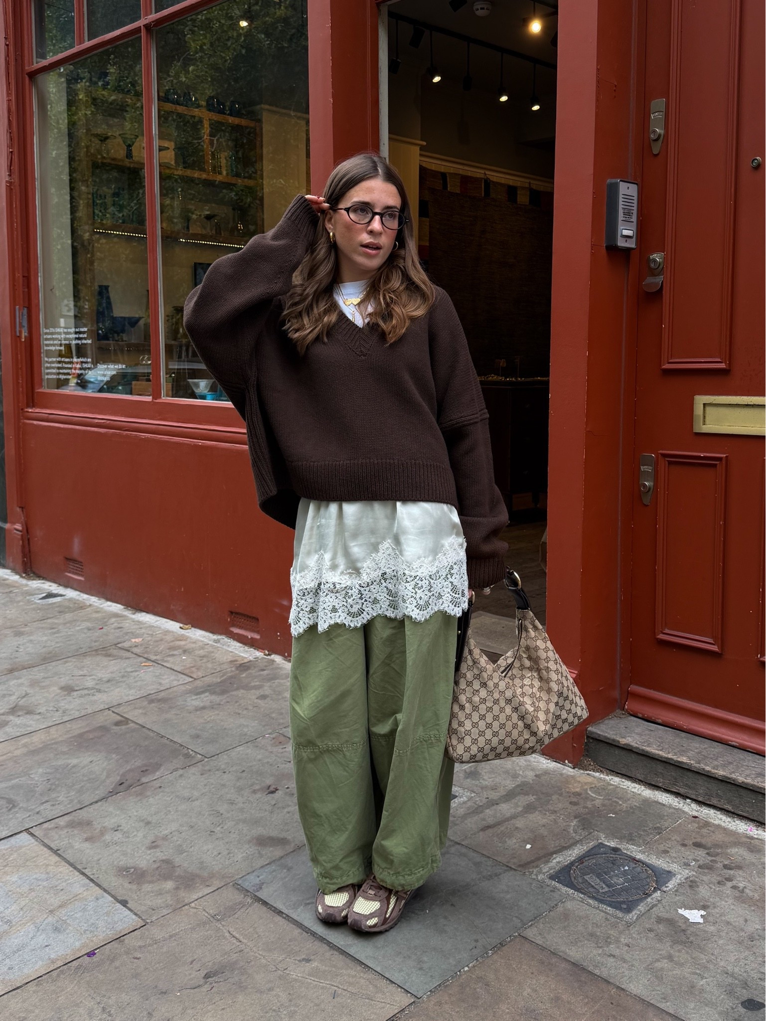 Autumn outfit, brown v neck jumper, green trousers, new balance 204l, Gucci bag

#LTKautumn #LTKeurope #LTKFashionMonth