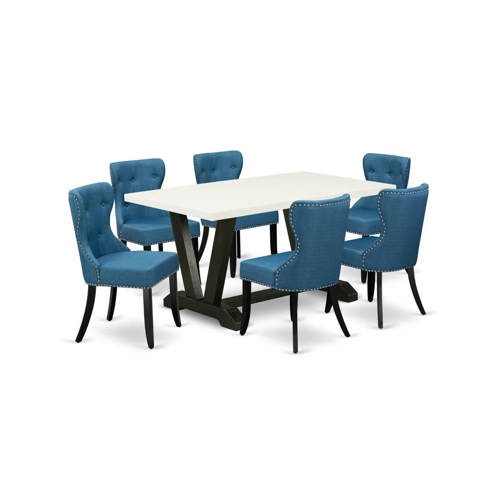 7-Pc Kitchen Dining Set- 6 Upholstered Dining Chairs with Blue Linen Fabric Seat and Button Tufted Chair Back - Rectangular Table Top & Wooden Legs | Shop Simon