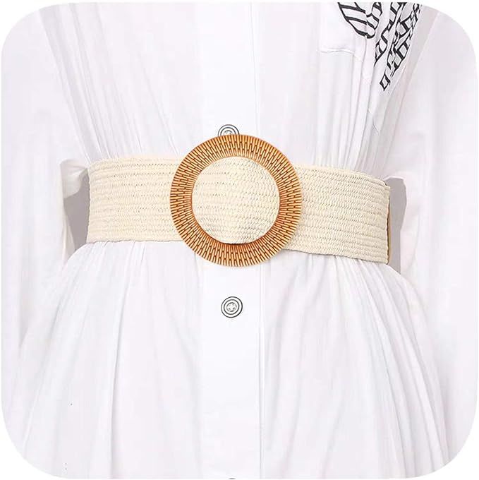 YUCFOREN Women Skinny Dress Belt, Elastic Stretch Waist Band Straw Woven Rattan Wood Buckle Belts | Amazon (US)