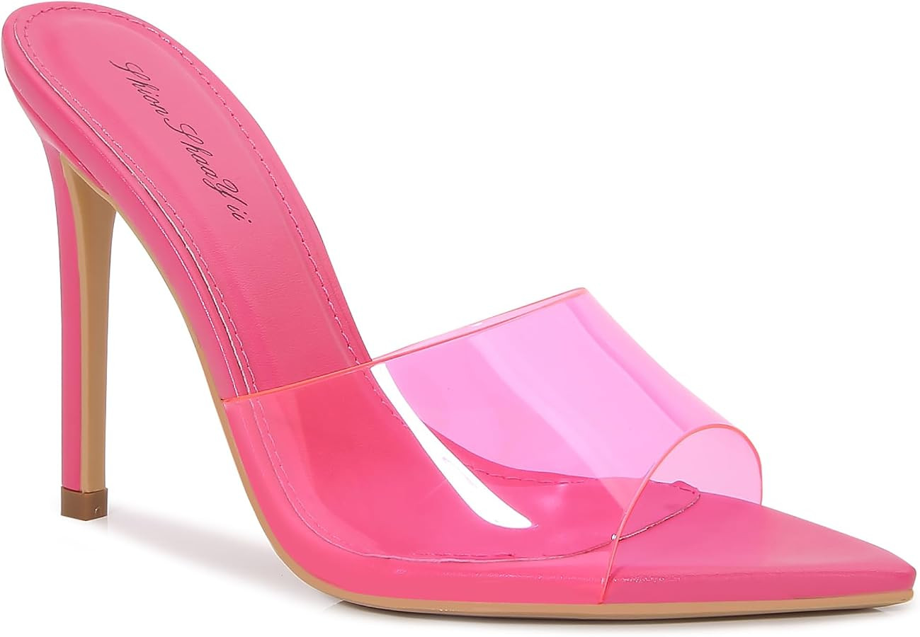 Women Clear Pointed Toe Sandals Stiletto Heels Transparent Strap High Heels Slip on Mules for Wom... | Amazon (US)