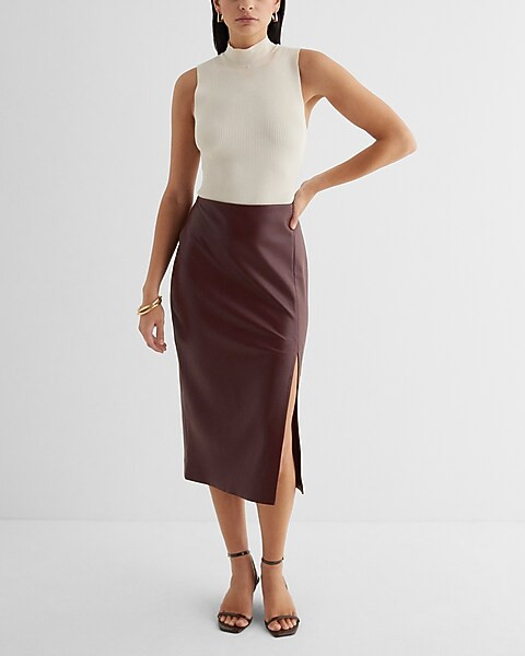 Super High Waisted Faux Leather Side Slit Midi Skirt | Express