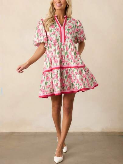 Women's Boho Contrast Trim Floral Dress Y2K Vintage V Neck Mini Dress Short Puff Sleeve Floral Pr... | SHEIN