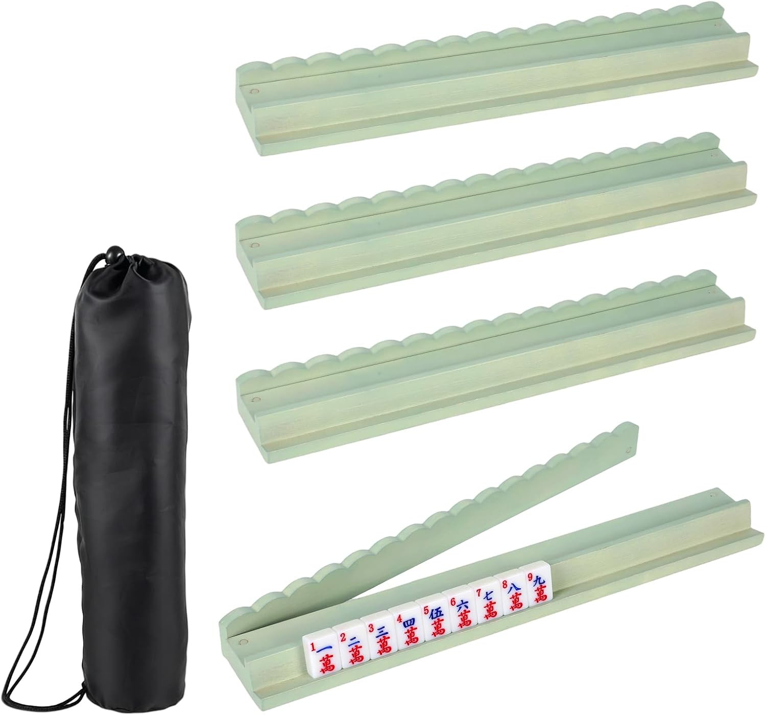AQQHSAIN 4 Pcs Mahjong Racks with Pushers Wooden American Mahjong Tile Rack Set Magnetic Scalloped Organizing Tiles Holders with Storage Bags 17.3 Inch Mahjong Accessories for Players Gift (Green) | Amazon (US)